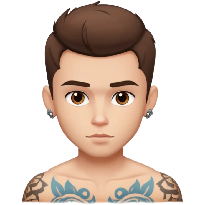 pretty handsome bratz man, short brown hair, brown eyes, pale skin, defined jawline, has tattoos emoji