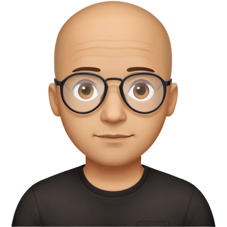 Light brown skinned Latino man with oval face, aviator glasses, completely bald sides with extremely short dark curly hair only on crown, friendly neutral expression, casual black t-shirt emoji