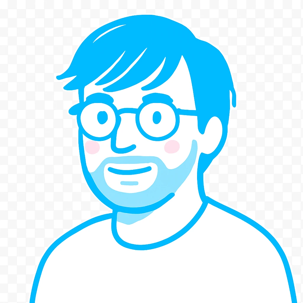 A man with round glasses, artfully messy longer hair with stylish sweeping bangs, a round but defined face shape, and a broader nose. Use vibrant sky blue for all the outlines and features, a touch of pink highlights only on the cheeks, and gray exclusively for the short beard and necessary shadows. emoji