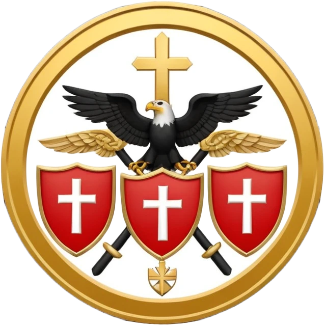 Flags: There are four flags, two on the top and two on the bottom, in the black and gold (yellow) quarters. Each flag features a gold Coptic cross.: In the center, there is a white shield or banner with a red eagle or bird, 
 emoji