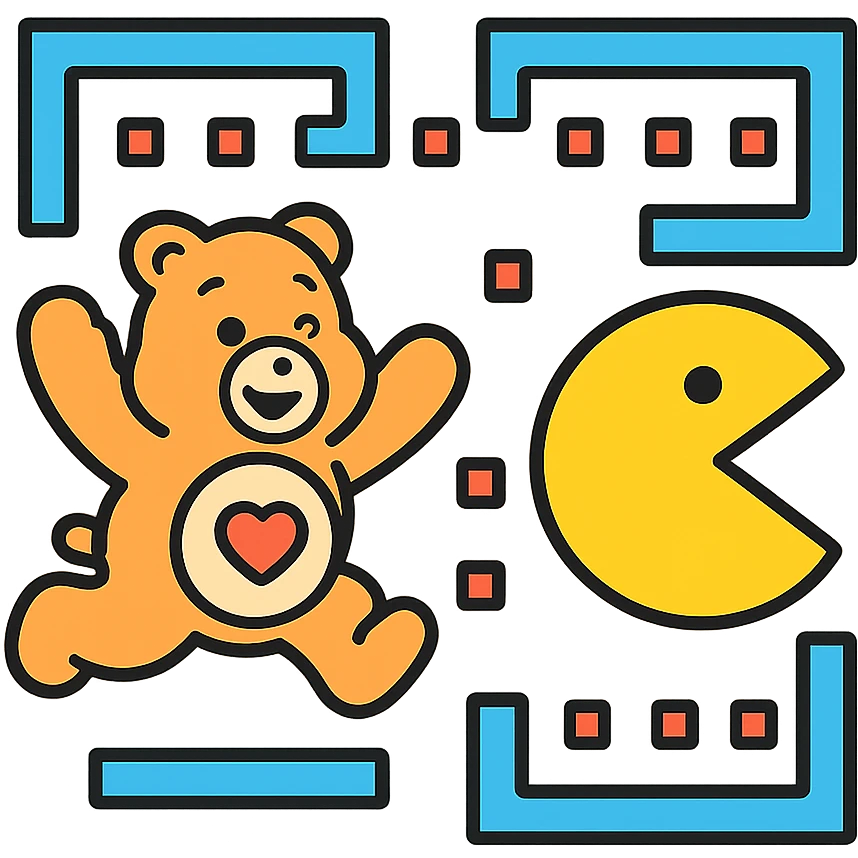 Care Bears and Pacman escaping from a pixelated maze, 80's video game style emoji