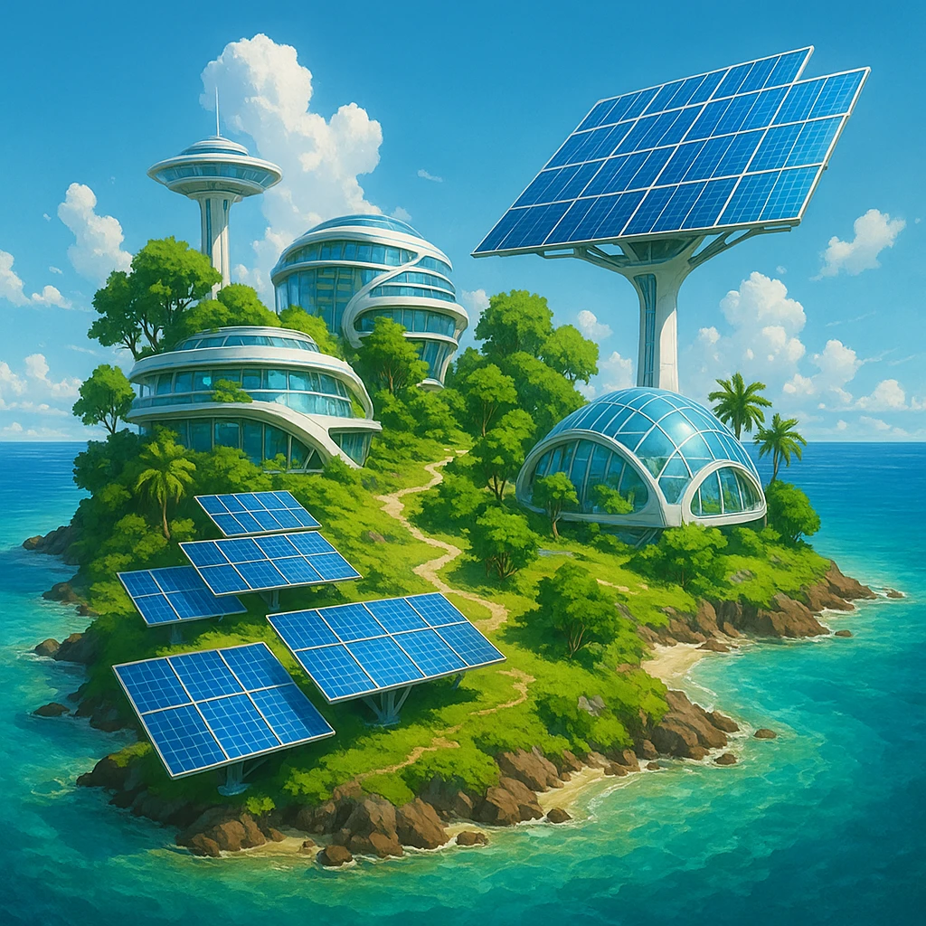 a small remote island in a scifi solarpunk world, lush greenery, futuristic solar panels, advanced eco-buildings, surrounded by clear water, vibrant and optimistic atmosphere emoji