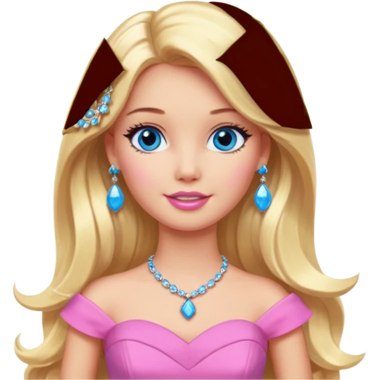 barbie, long blonde hair, pink dress, with blue eyes,different dress,ear rings, jewelry. emoji