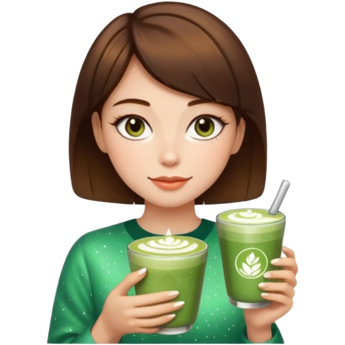 pink soft girl aesthetic short brown hair girl makeup, skincaRE, SPARKLES, AND MATCHA LATTE emoji