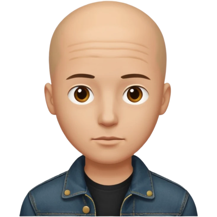  a young man with bald head, black jeans jacket, plain forehead emoji