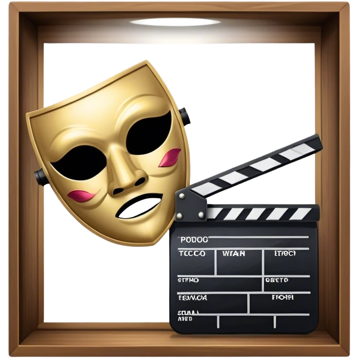 Icon for Acting in Theater and Film: a stage with a spotlight, a film camera, a clapperboard and a dramatic mask. The design should represent both theatrical performance and cinematic art. Transparent background. emoji