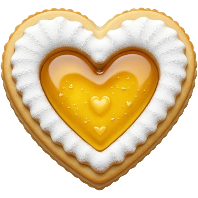Realistic shortbread cookie in the shape of a heart with color of lemon jelly middle filling and sprinkled powder sugar on top. emoji