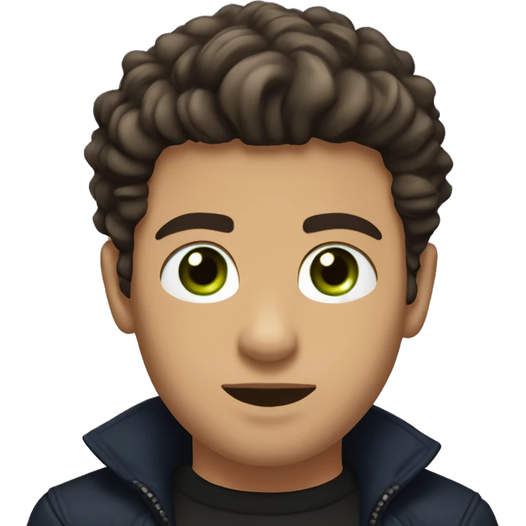 Dark Brown luscious hair for a boy with a black jacket and silver chain across neck, green eyes, navy undershirt, goatee, tanned skin, cut eyebrow, small scar on bottom lip to the right emoji