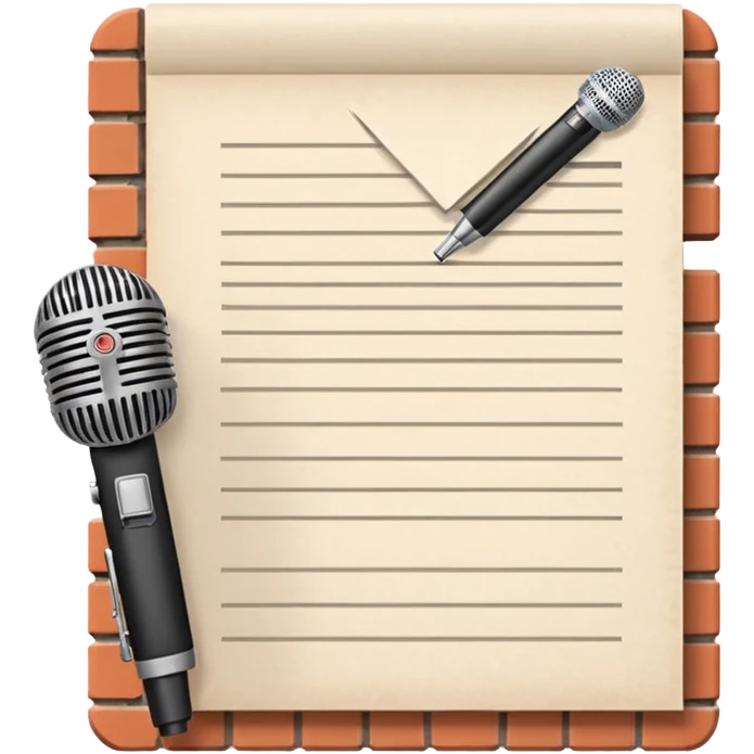 iconography design suitable for emoji reaction; pixel art: white document with a folded top-right corner and horizontal lines, outlined in a brick pattern. At the top center of the document is an icon indicating ai. In front of the document a microphone icon emoji
