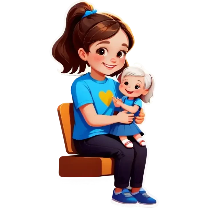 Little Girl, white skin, bronze hair, smile, tutor, bright blue t shirt emoji