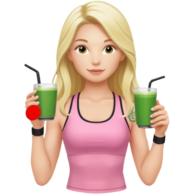 long haired blonde pilates instructor in pink drinking matcha in cute set with no straps and tattooed emoji