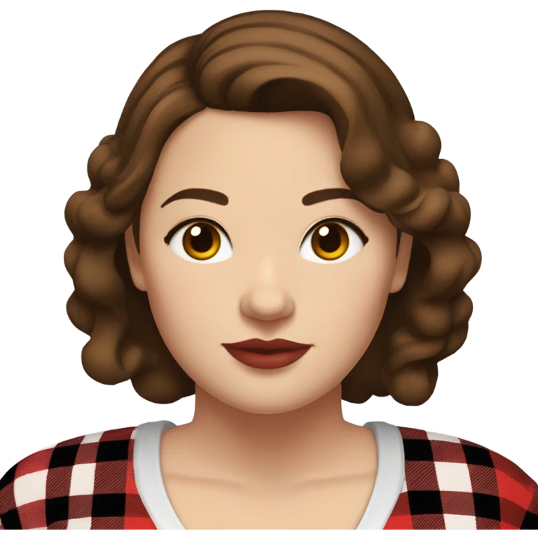 Plus size woman with brown hair and brown eyes wearing red and black buffalo plaid pjs. White skin. emoji