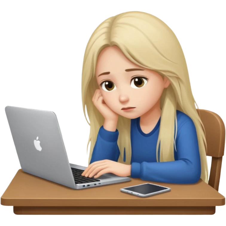 Девушка со светлыми длинными волосами грустная сидит за столом и усердно работает за ноутбуком emoji