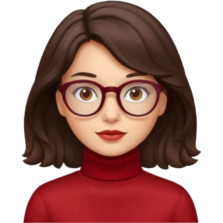 A girl has fair skin wavy dark brown hair, has glasses and almond brown eyes wears red turtle neck emoji