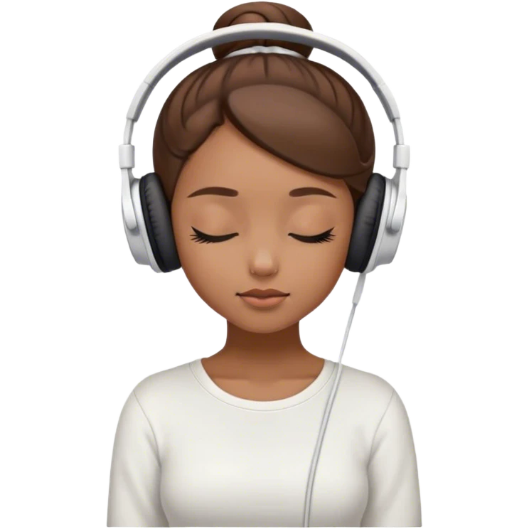 Light brown skin girl, brown hair in bun, eyes closed, white headphones on listing to music emoji