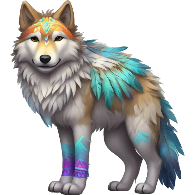 Fluffy Shy Colorful Spiritual Shamanic Wolf With Shiny Tribal Markings wearing feathers Full Body emoji