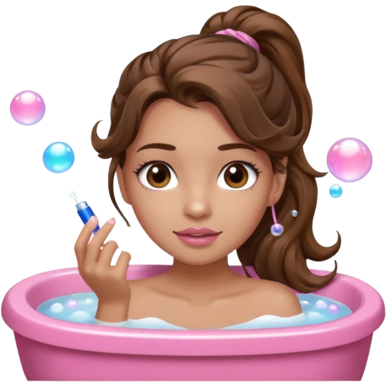 girl with wavy long ponytail brown hair, brown eyes, light to medium complexion, long lashes, light pink lipstick, wearing light pink shirt, in a bathtub with bubbles emoji
