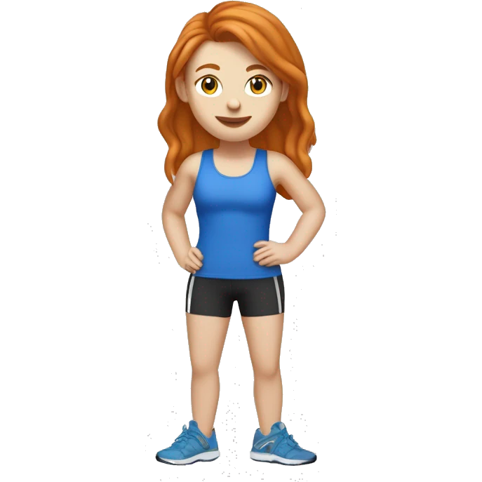 Ginger straight haired white girl in blue sports bra and leggings and birkenstocks drinking iced coffee emoji