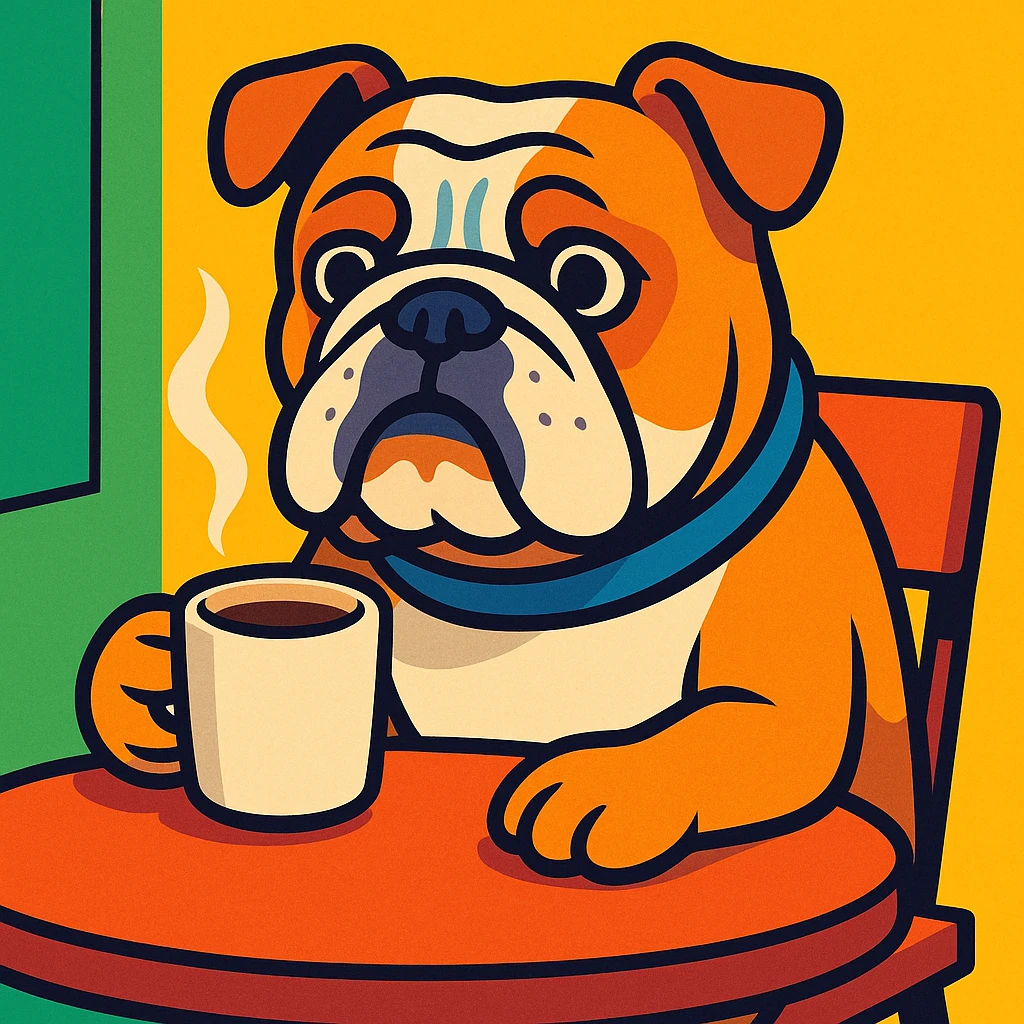 English Bulldog waiting at a table, sipping coffee, vibrant cartoon style emoji