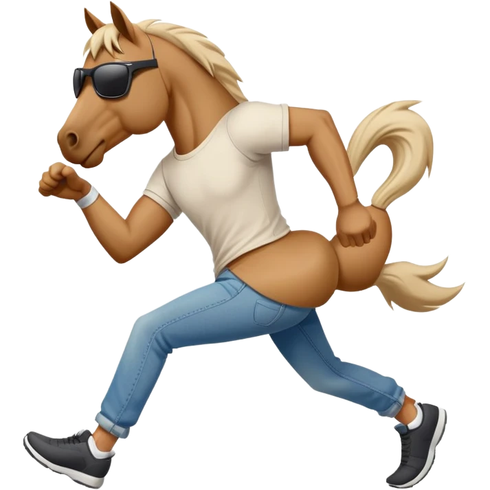 friendly anthropomorphised stallion in jeans and a t-shirt, wearing dark sunglasses, jogging upright in relaxed pose emoji