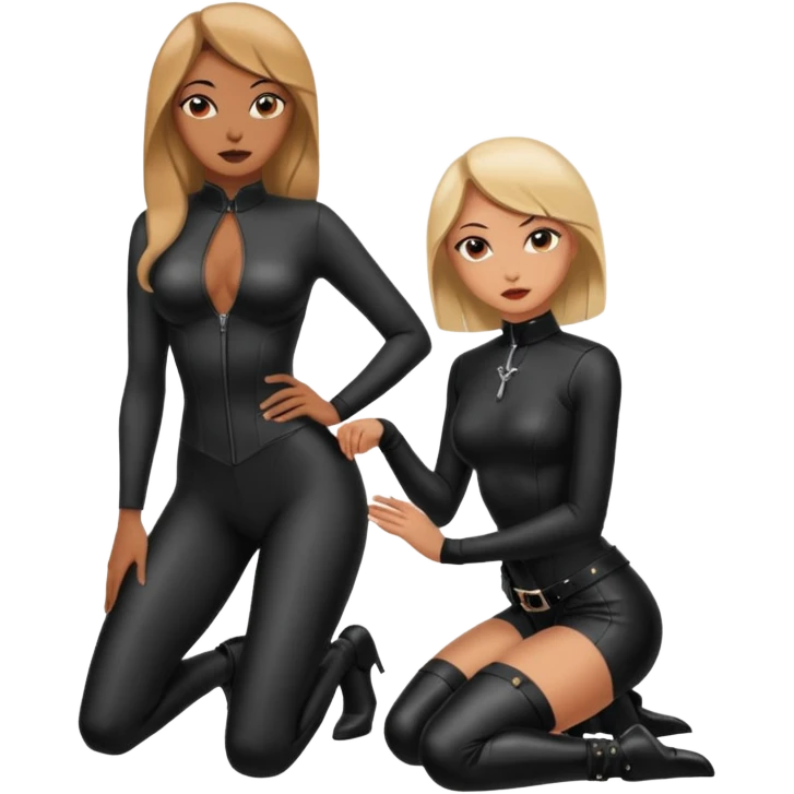 A woman on her knees for another woman, while the other woman stands up next to her. The woman standing is a dominatrix, the other woman on the knees is a slave. You look at the scene sideways emoji