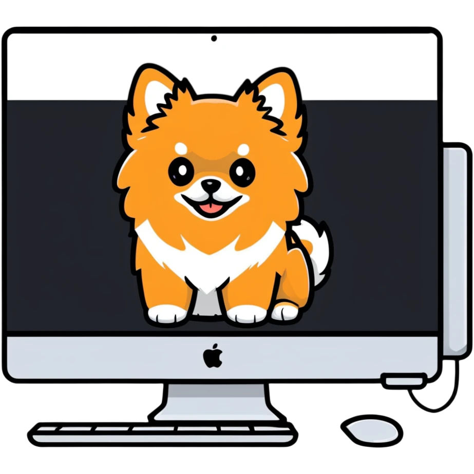 iMac monitor with a Pomeranian dog photo displayed on screen emoji