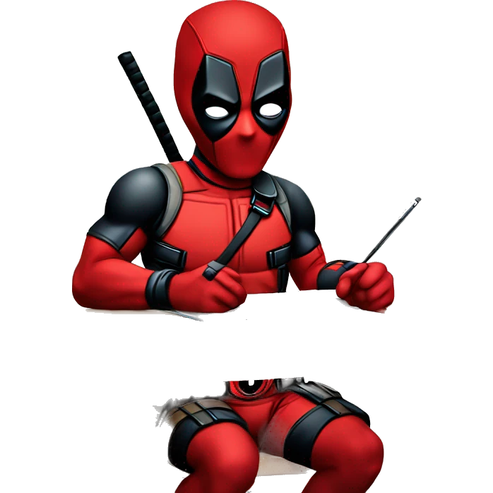 Cute Deadpool sitting at a desk, front view. make the face happy emoji