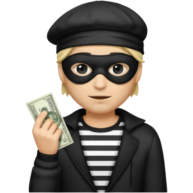a short ios emoji-style portrait of a classic burglar, a black eye mask (looks like a blindfold) and a black-and-white striped shirt. emoji-like hair, black hat, ONE bag of money 💰 with a dollar sign in a right corner emoji