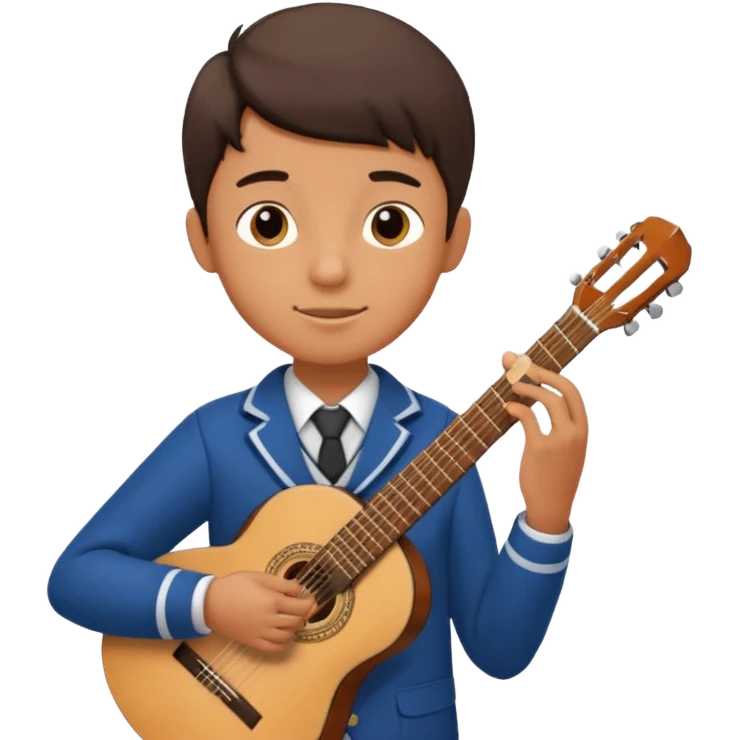 Teen boy – wearing school uniform, holding classical guitar, practicing chords. emoji