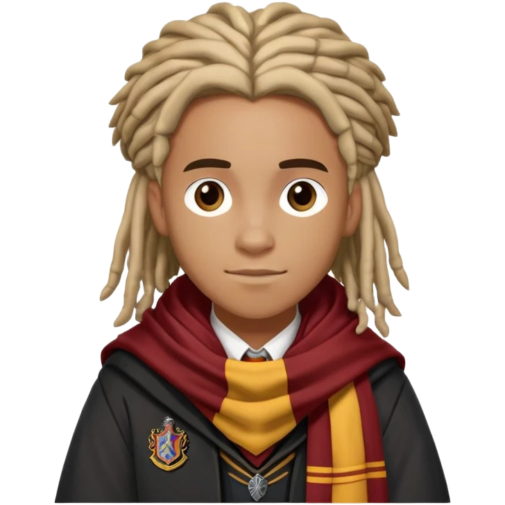 Luke Youngblood is Lee Jordan in harry potter, wear hogwarts uniform, dreadlocks hair, gryfindor scarf around neck emoji