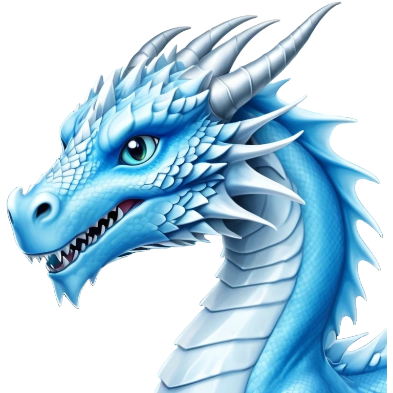 Cinematic Noble elegant Ice Dragon Portrait Emoji, Poised and imposing, distinct long elegant snout, with a slender, scaled body shimmering in glacial hues of icy blue, frostbitten silver, and crystalline white, breathing out frost, with piercing, glowing ice blue white eyes that radiate the chilling depths of an arctic storm; rendered in detail. emoji