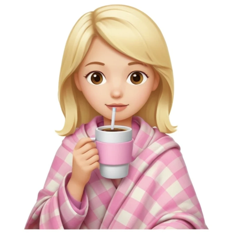 cute blonde girl wrapped in pastel pink plaid blanket drinking coffee emoji