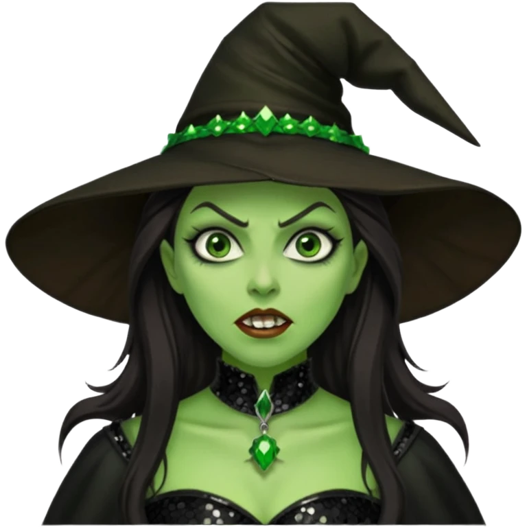 The Wicked Witch from The Land of Oz with green skin, long dark brown hair, black sequin outfit emoji