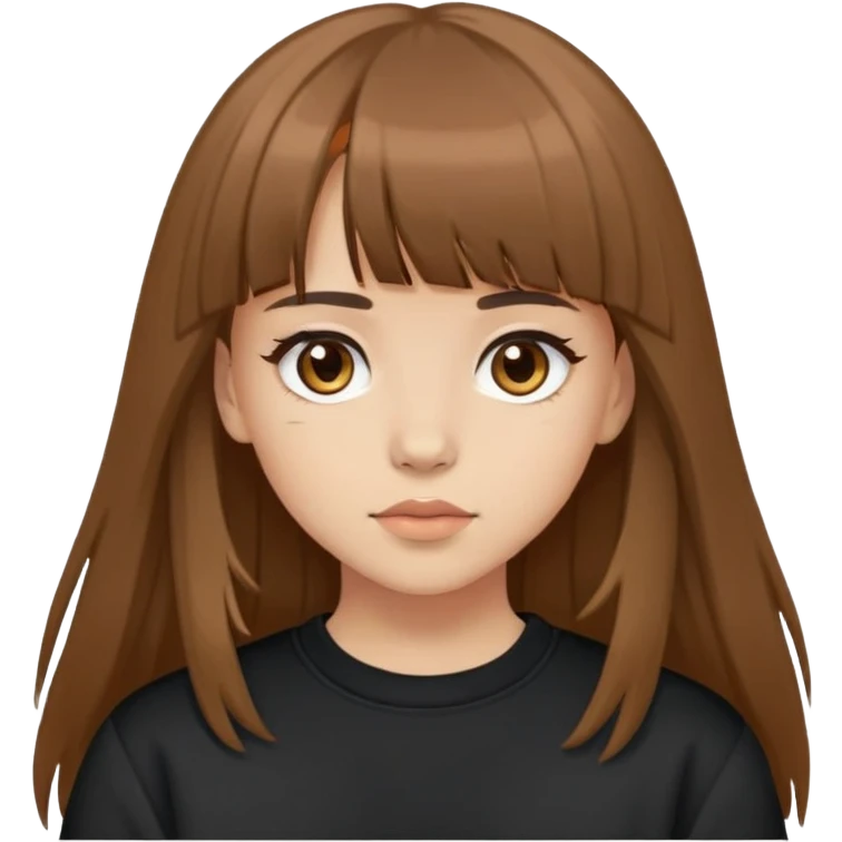 Light skinned girl with brown eyes, long brown hair with bangs, wearing a black sweatshirt emoji