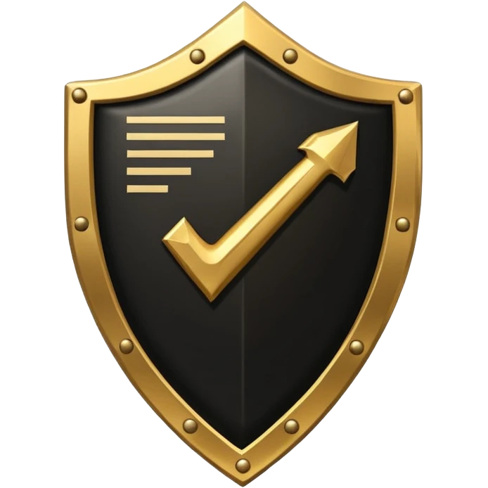 Black and gold emoji of a cracked shield reforming around a checklist with one strong tick, symbolising discipline rebuilt after failure, luxury minimal style, transparent background. emoji