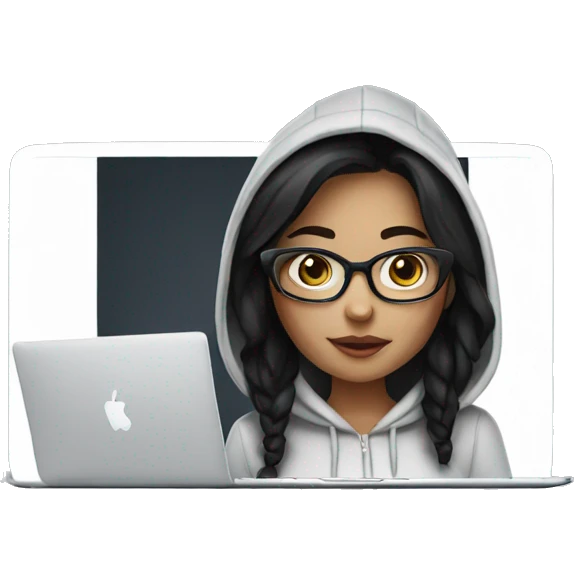 a white tenage girl with black hair and glasses wearing a hoodie working on a macbook emoji
