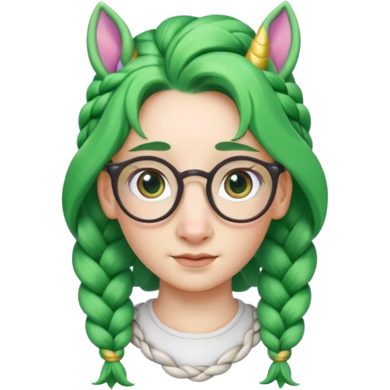 braided unicorn wiith big visible braids looking into the camera spectacled green hair and no ears emoji