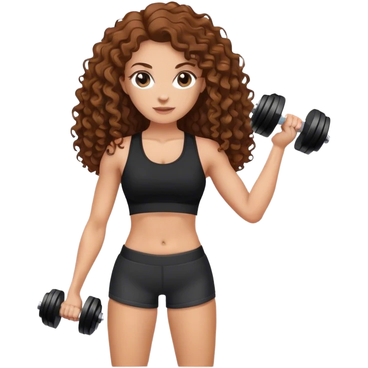 white woman with long brown curly hair in black top and shorts holding dumbbell emoji