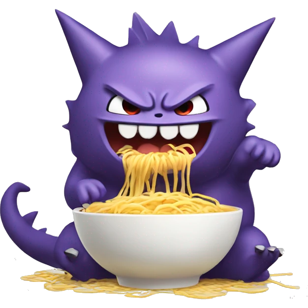 iOS emoji art style, Pokémon character Gengar, eating ramen noodles. emoji