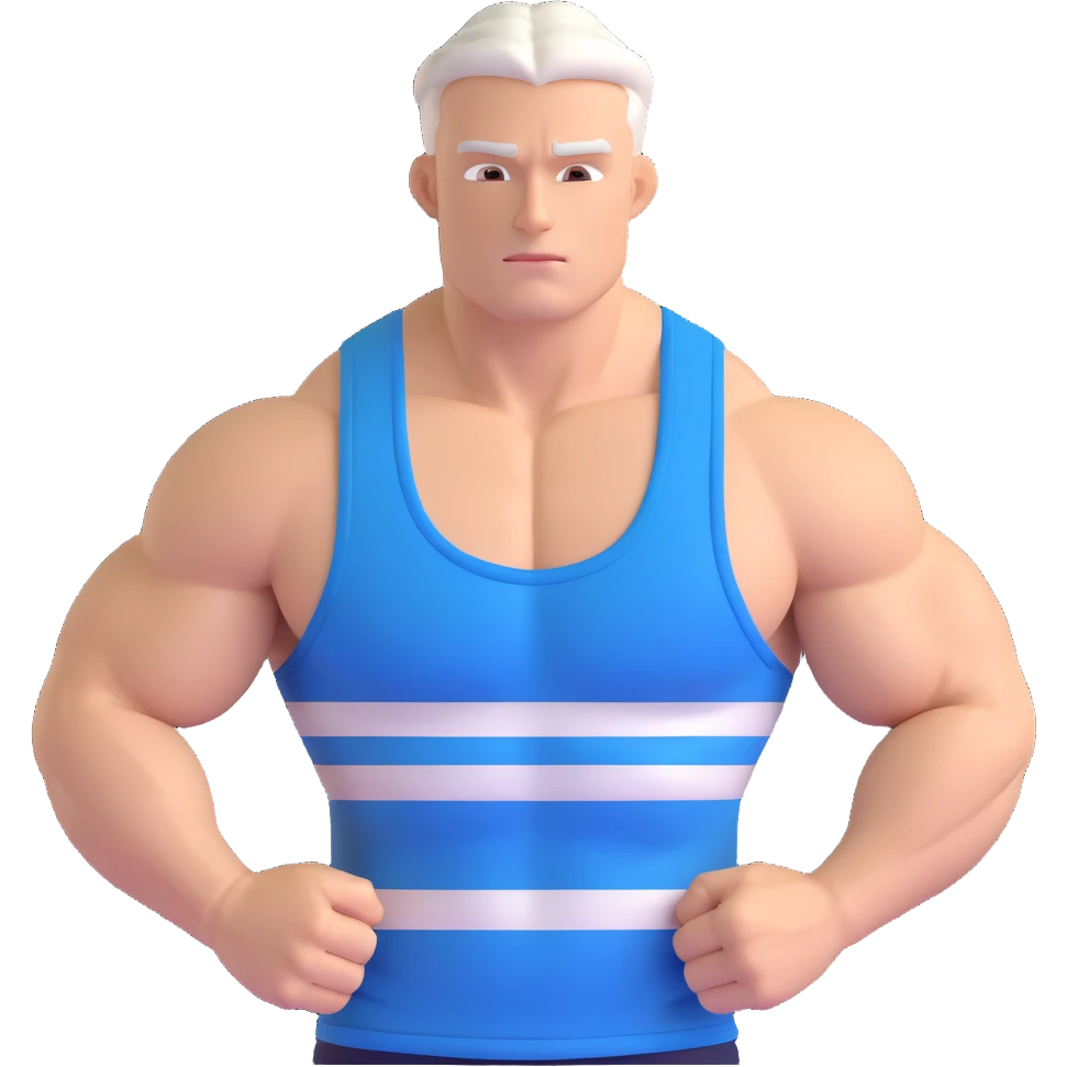 strong white male character in a blue and white striped tank top, showing muscles, simple background emoji