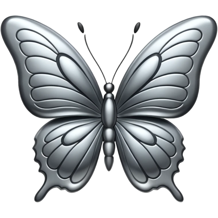Liquid metal butterfly emoji, silver chrome material, iOS emoji style, smooth curves, reflective surface, elegant and minimal, white background emoji