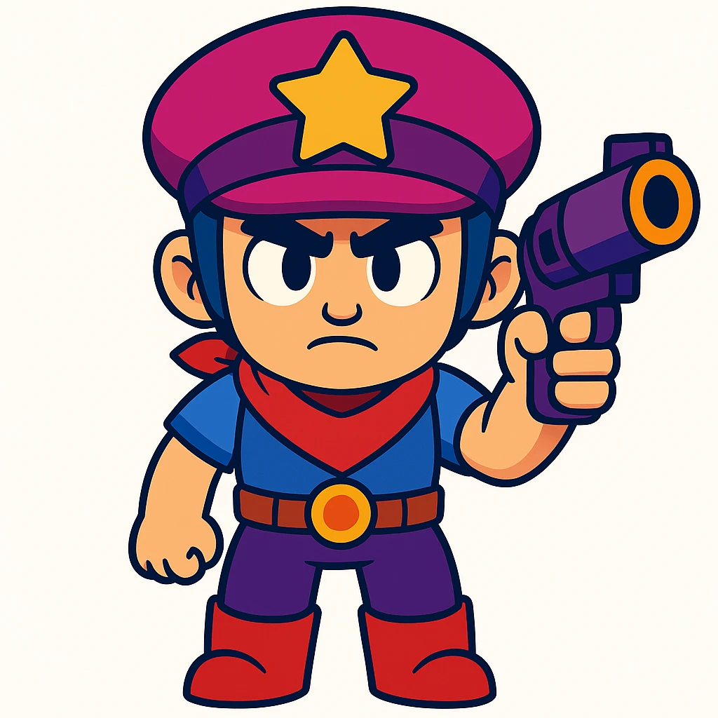 Create a front view pose of this Brawl Stars character facing directly forward in a vibrant cartoon style, maintaining the same colors and outfit as the reference image. emoji