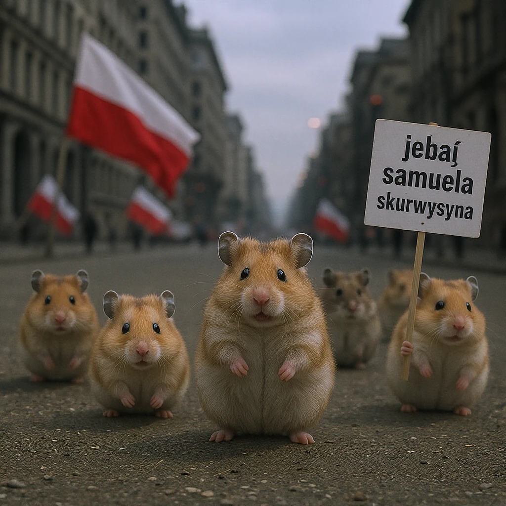 Cinematic shot of a group of hamsters takes over polish sejm. some of them has signs with "jebać samuela skurwysyna". emoji