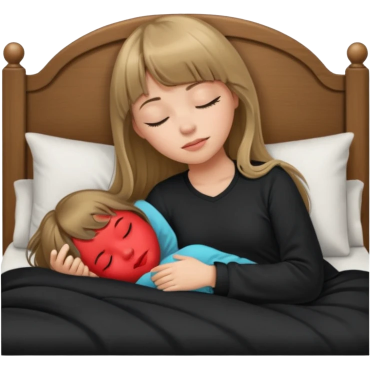 Young woman with long dark blond hair all around her, and a bang, sleeping in bed  with black pyjama  emoji