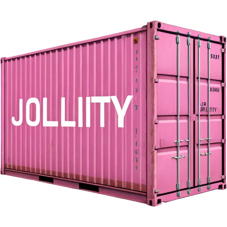 a pink shipping container with the word "Jollity" in big letters on the long side emoji