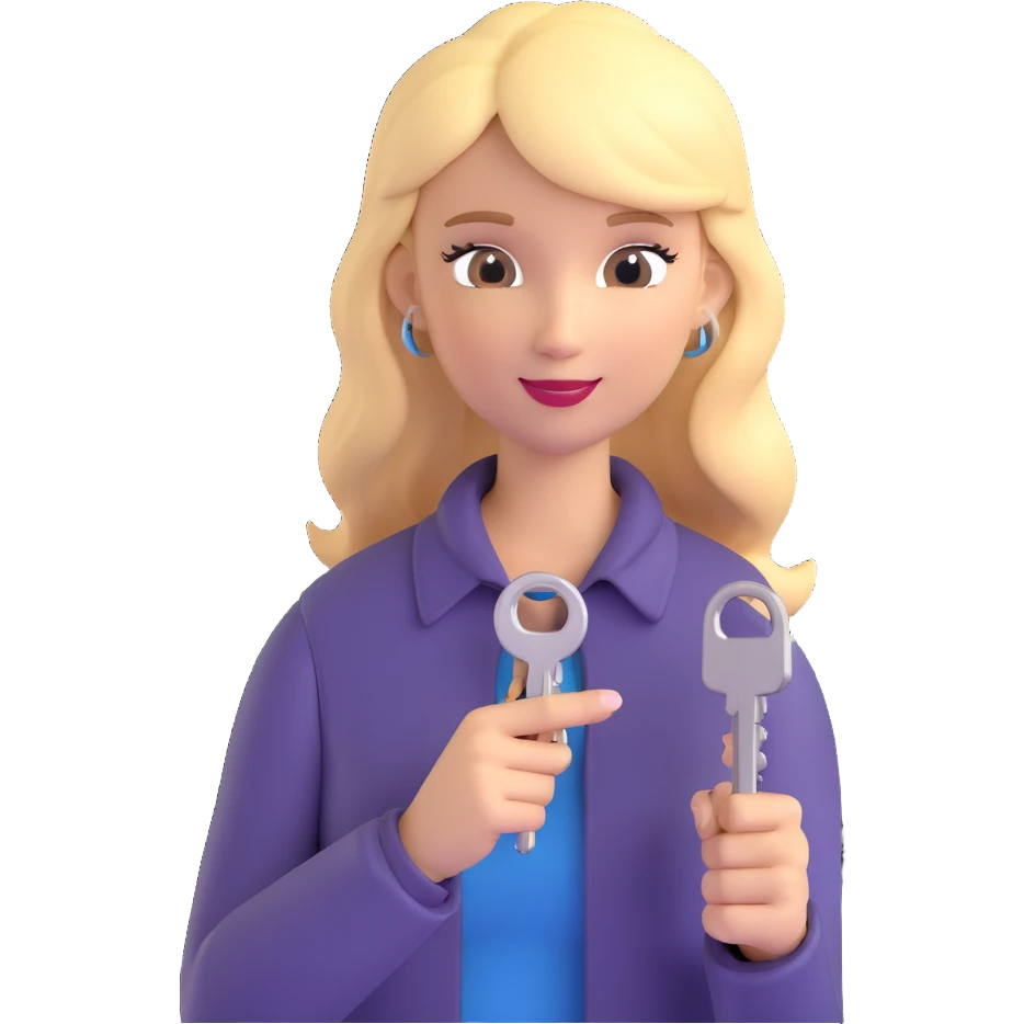 3D emoji style, blonde woman around 40 years old, real estate broker, holding a key emoji