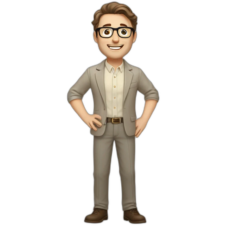 Joyful Pale skinned Fit Man With dark brown hair in gray jacket, beige office shirt, Brown pants and vintage glasses. His thrumbs up emoji