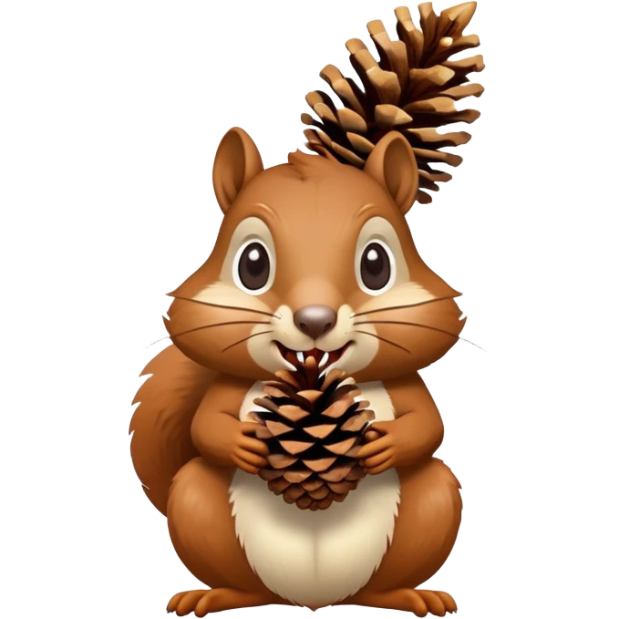 Greedy squirrel with a big pine cone balancing on its head, showing a strange creepy expression, hungry looking emoji