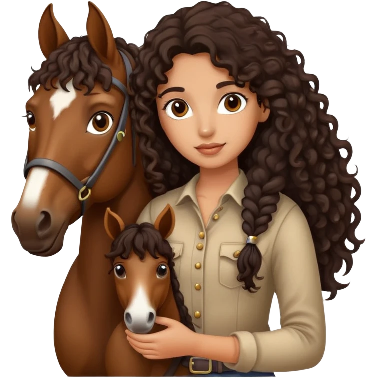 girl with dark brown curly long hair holding horse emoji