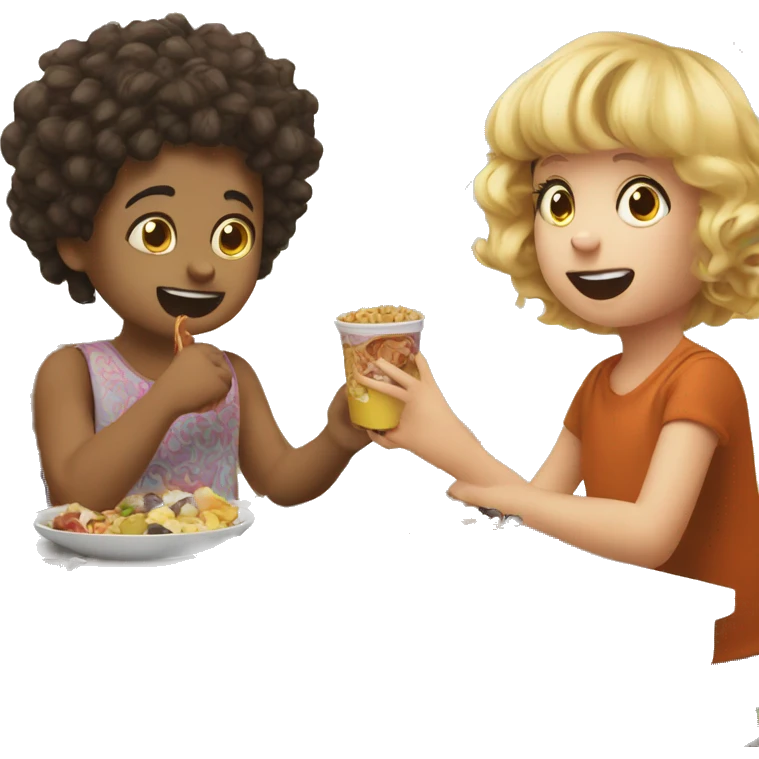 Two white toddlers. A brother and sister. Enjoying a crazy lunch with lots of snacks while the mother watches  emoji
